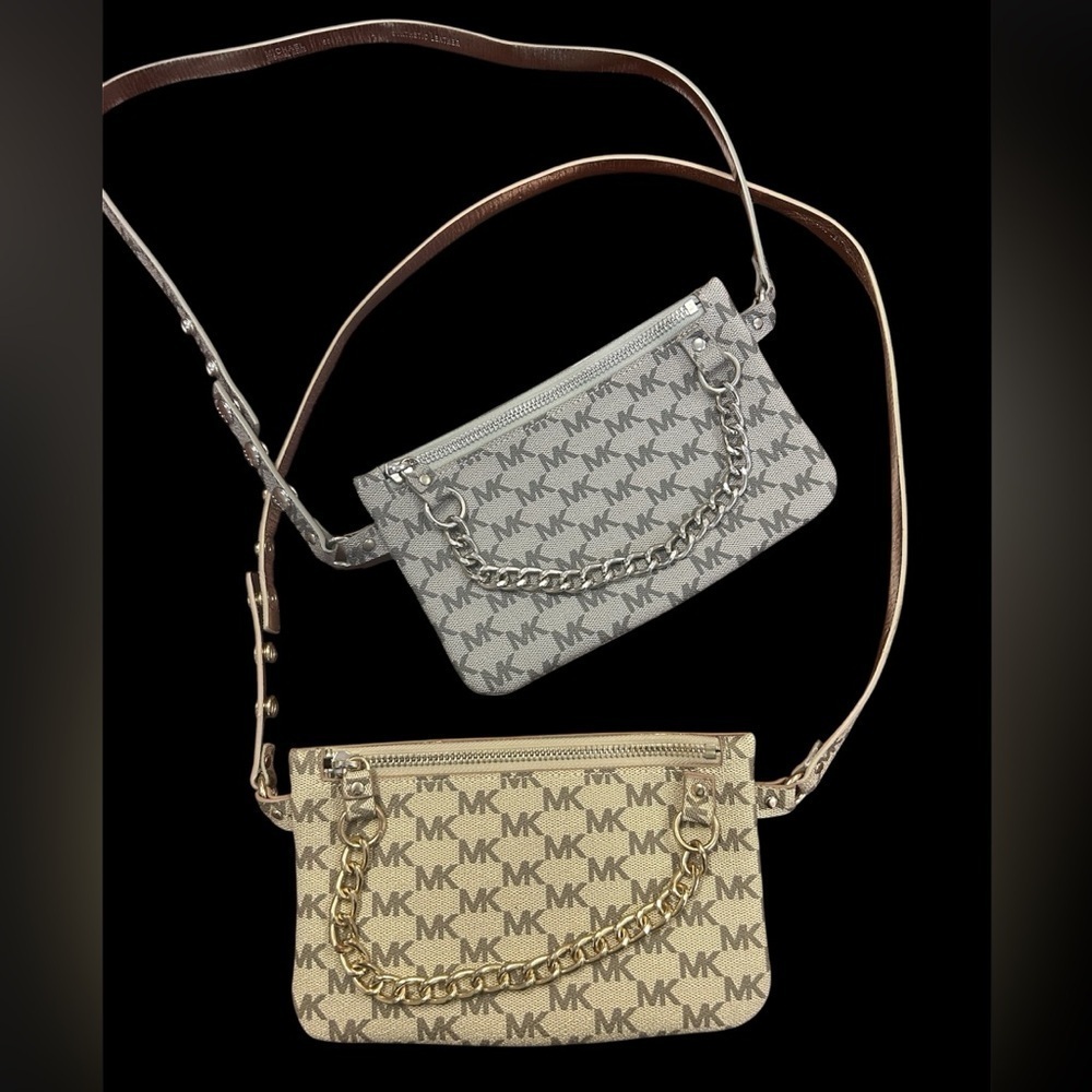 Michael Kors Women's Adjustable Belt Bag, 2pc Bundle,Grey (L),Lt. Brown (XL)